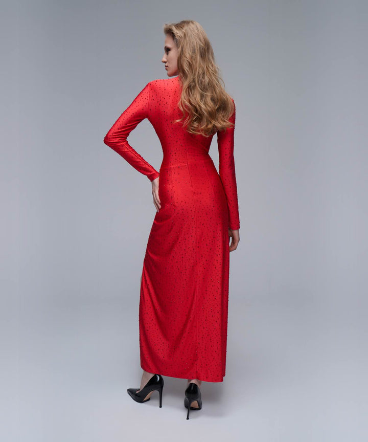 MADELINE, MIDI DRESS MADE OF RED BIFLEX WITH RHINESTONES AND A SLIT