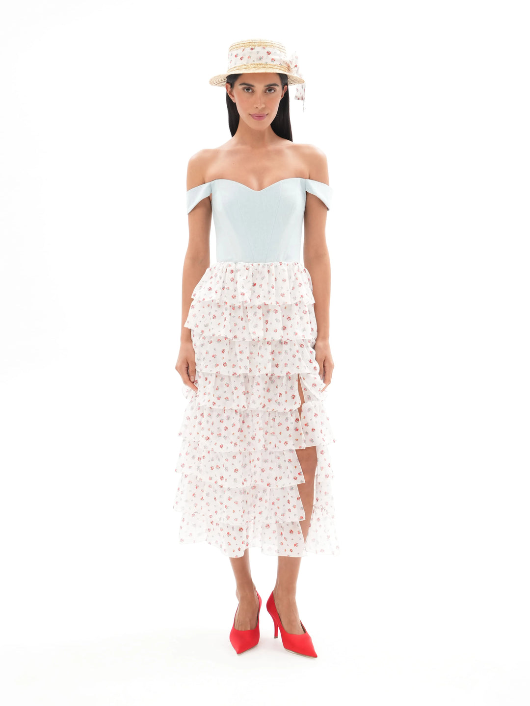 LISEN, A CORSET MIDI DRESS IN CREAMY WHITE ADORNED WITH DELICATE RED FLOWERS