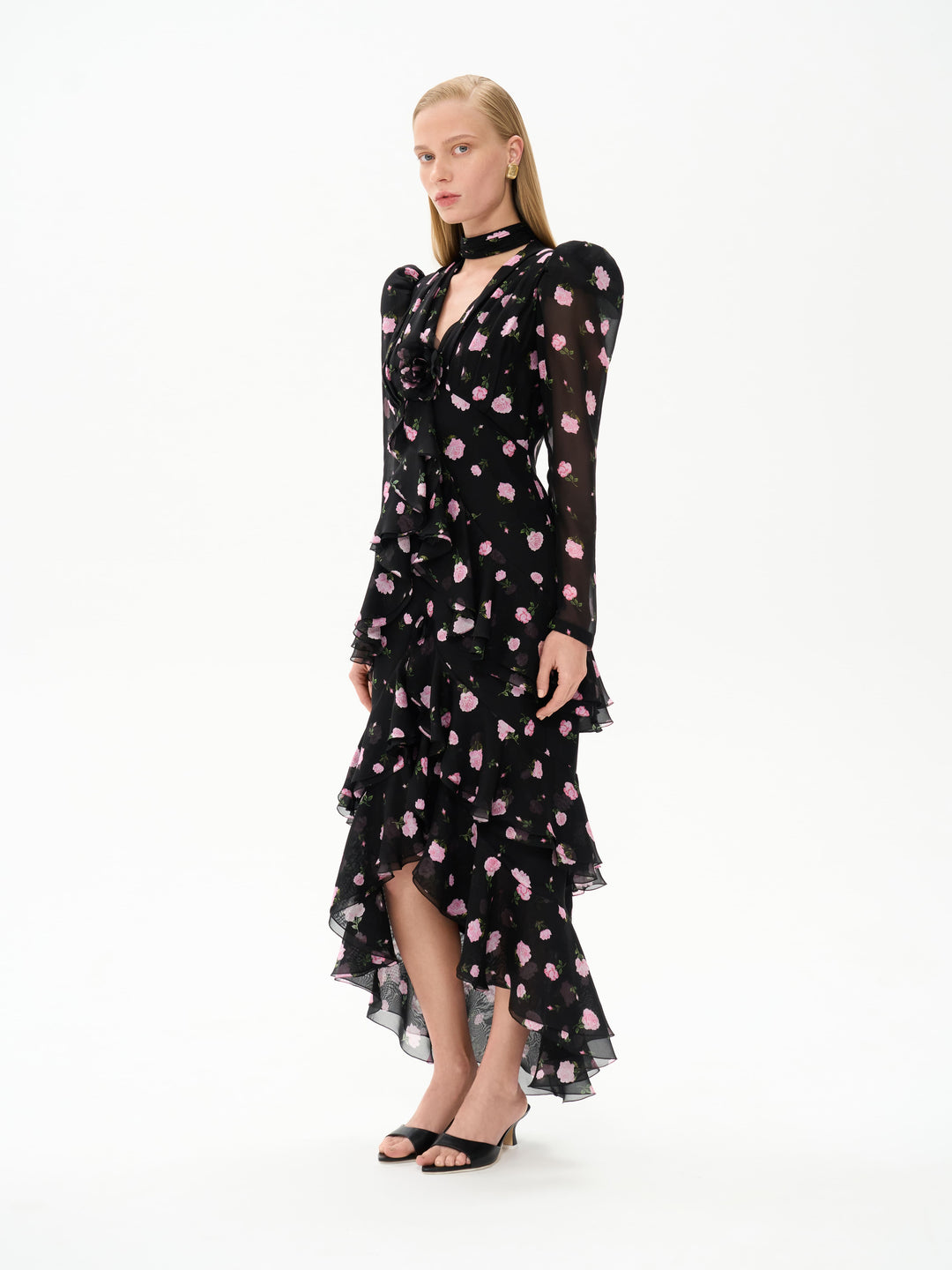 BEATRICE, MIDI DRESS BLACK WITH PINK ROSE PRINT