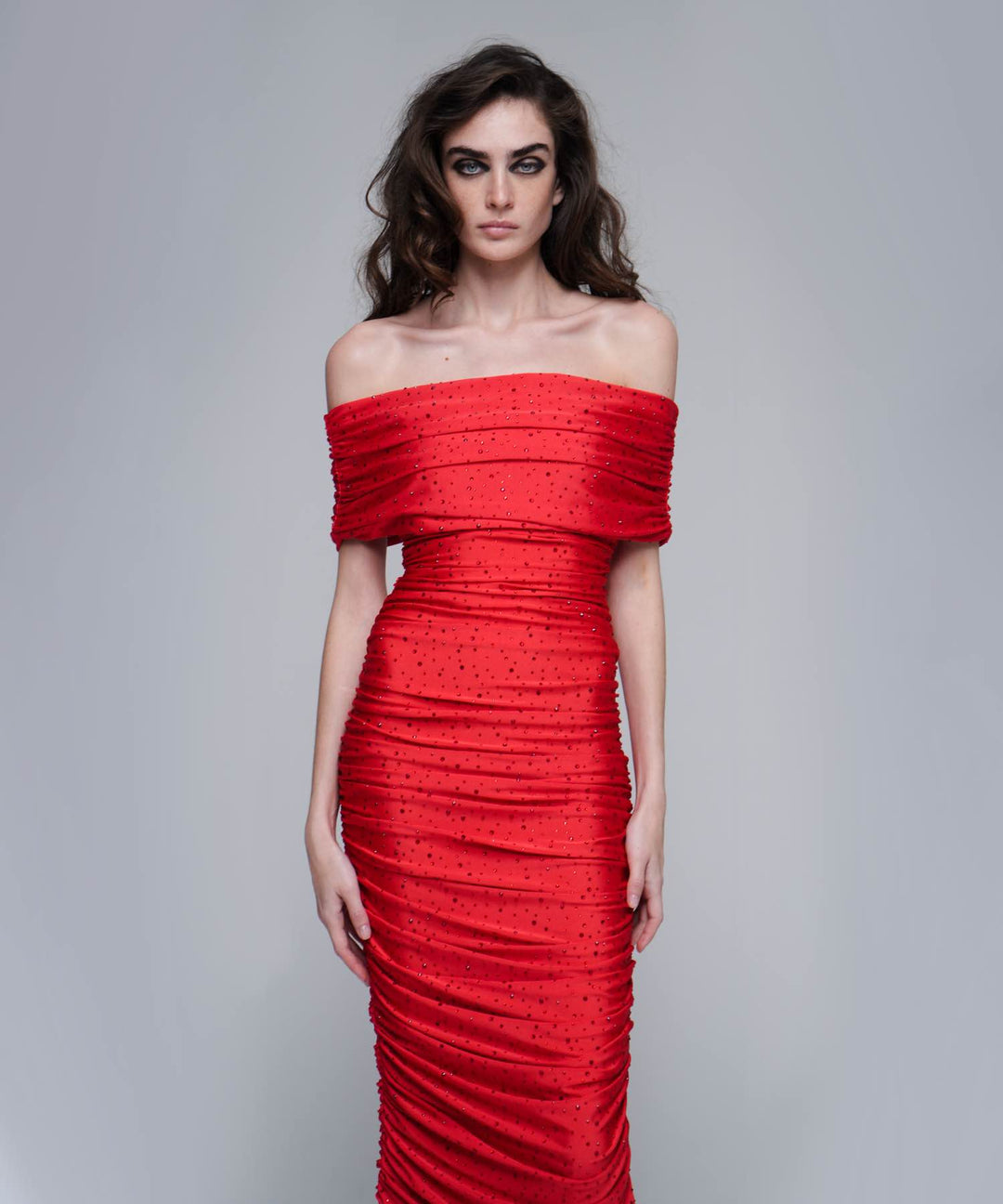 IREN, MIDI DRESS MADE OF RED BIFLEX WITH RHINESTONES