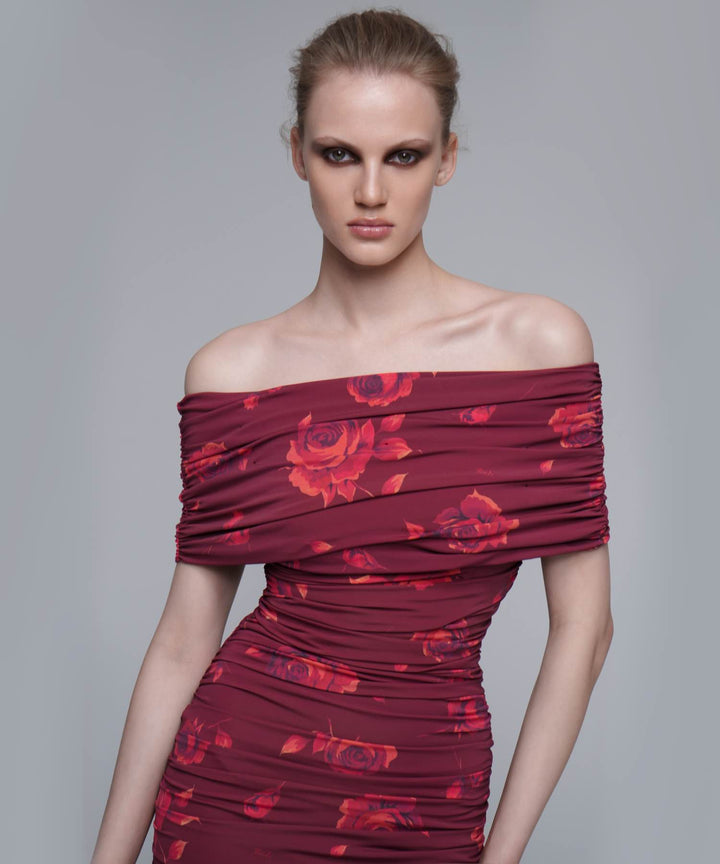 IREN, MIDI DRESS MADE OF BURGUNDY BIFLEX WITH LARGE RED FLOWERS