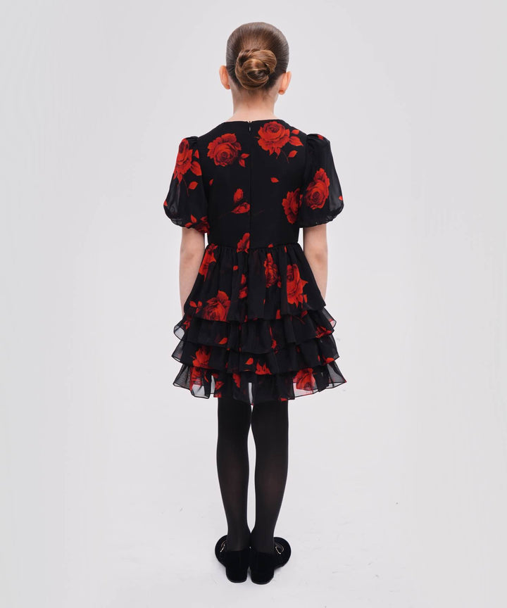 FIFI, CHILDREN'S DRESS MADE OF BLACK CHIFFON WITH RED FLOWERS