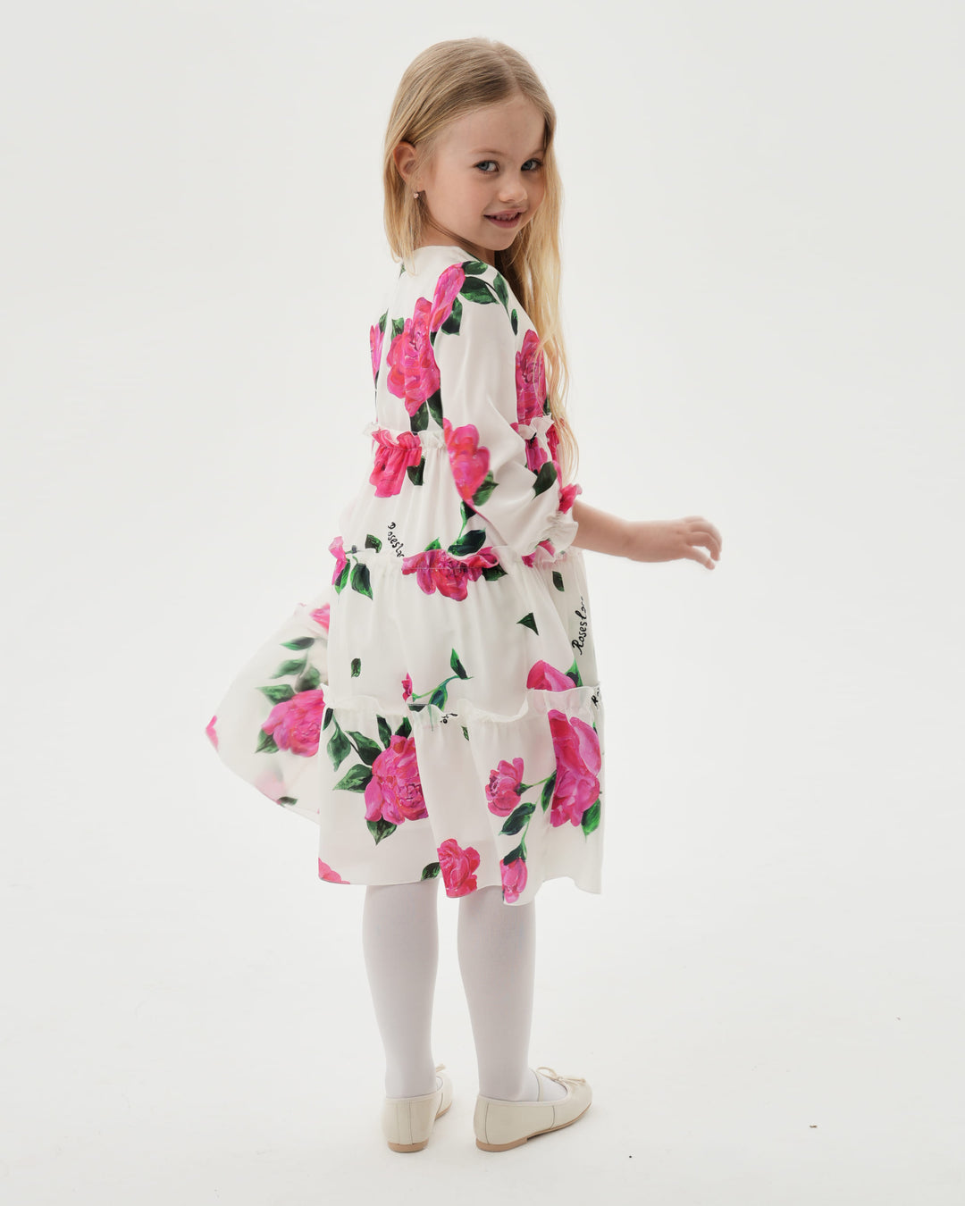 ALISA, CHILDREN’S DRESS MILKY WITH CRIMSON ROSE PRINT