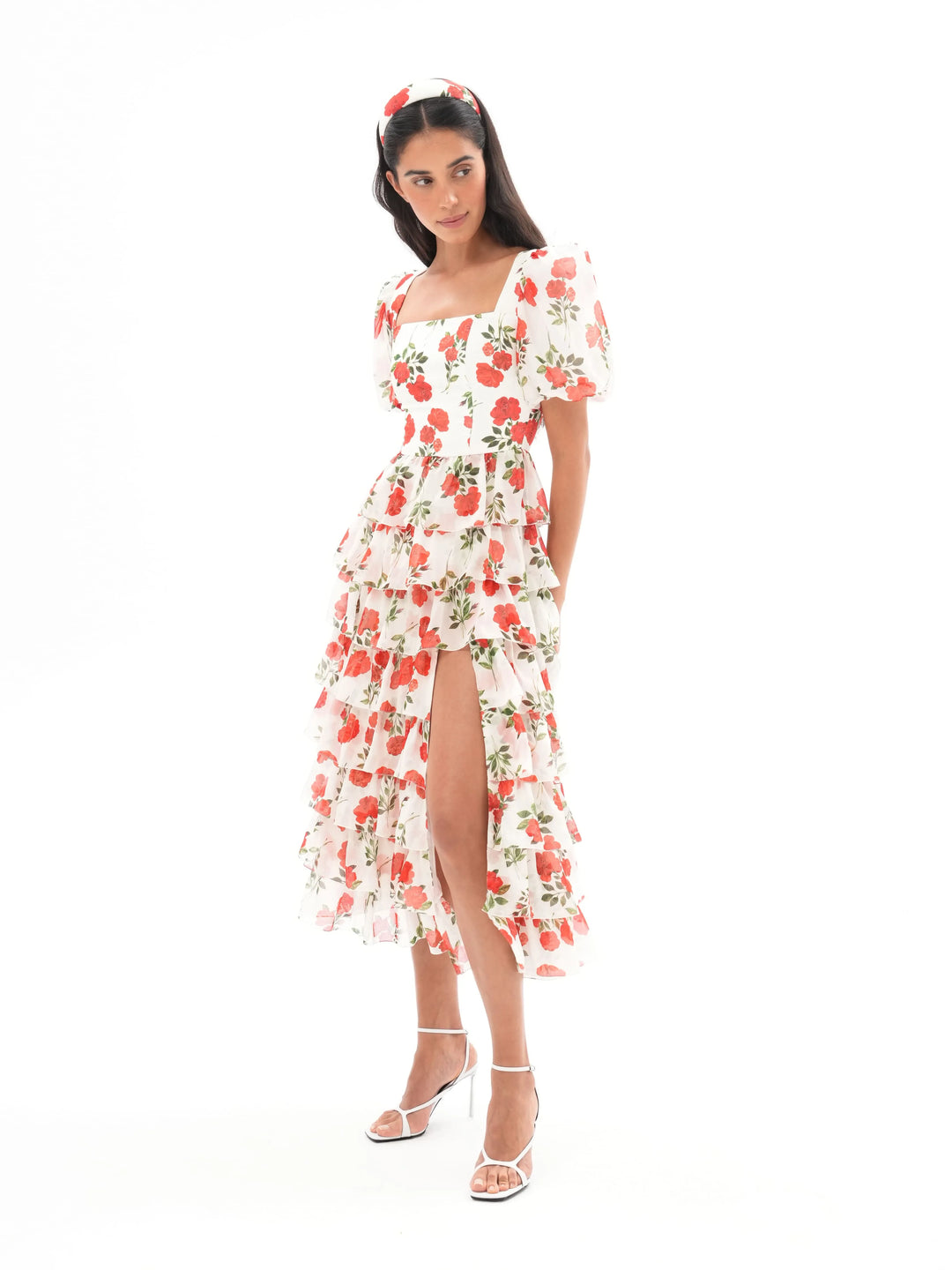 SUSANNA, SILK MAXI DRESS WITH FEATURING SCALLOPED TIERS FLORAL PRINT DRESS