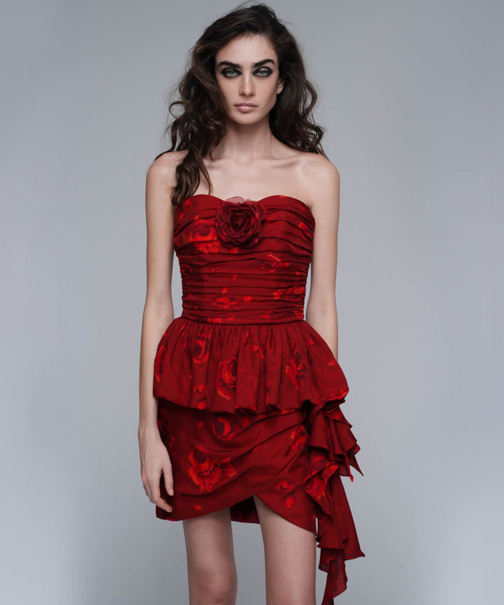 Loreen, mini skirt made of burgundy chiffon with red flowers