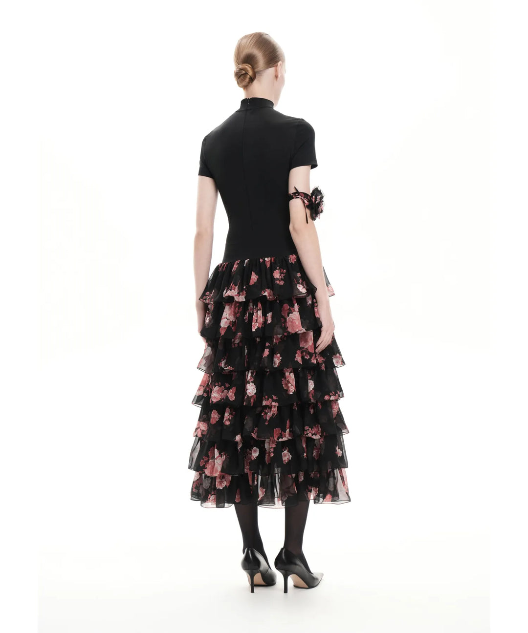 GRACE, MIDI DRESS WITH BLACK CHIFFON SKIRT WITH BIG BURGUNDY FLOWERS