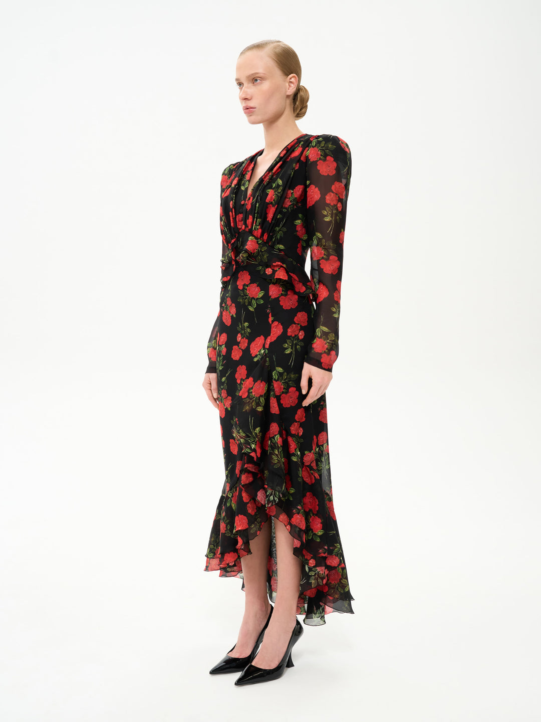 CARMEN, MIDI SKIRT BLACK WITH RED ROSE PRINT