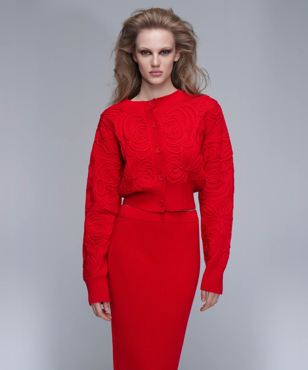 MARYL-DONNA, KNITTED SET, SWEATER AND SKIRT MADE OF RED COTTON