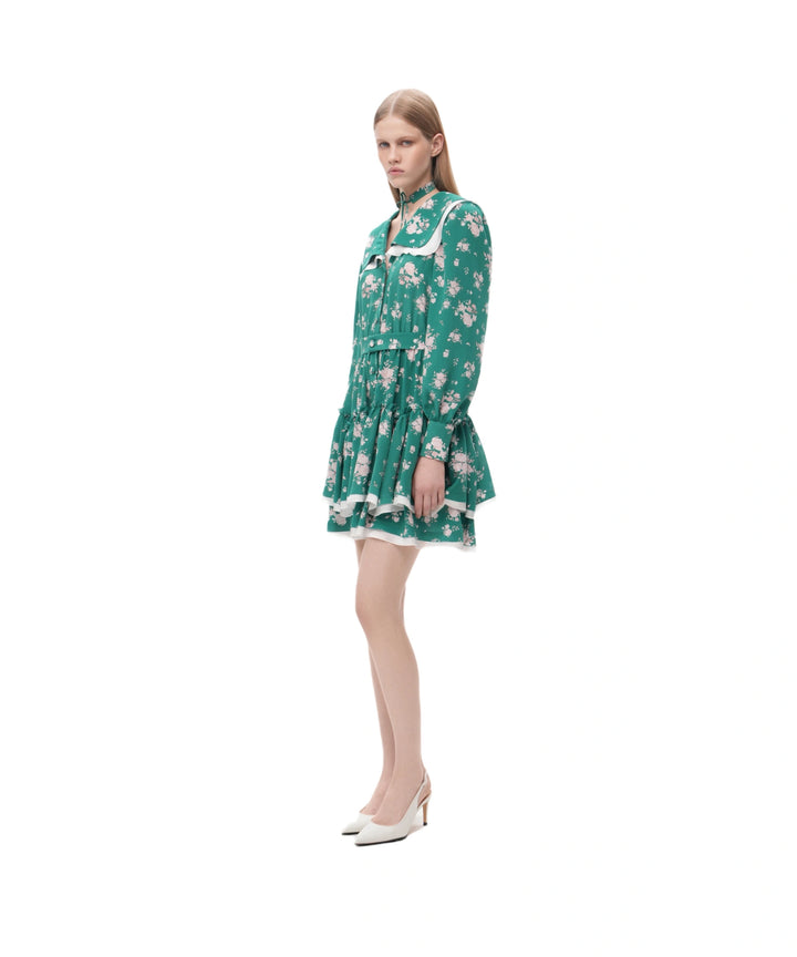 AUSTRA, GREEN CREPE DE CHINE MINI DRESS WITH MEDIUM LIGHT PINK FLOWERS