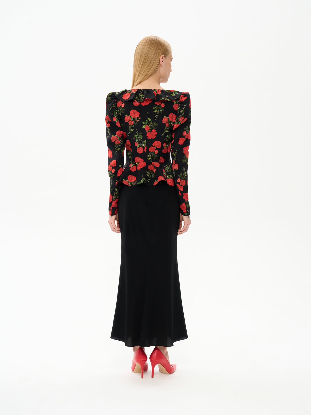 RI, BLOUSE JACKET BLACK WITH WITH RED ROSE PRINT