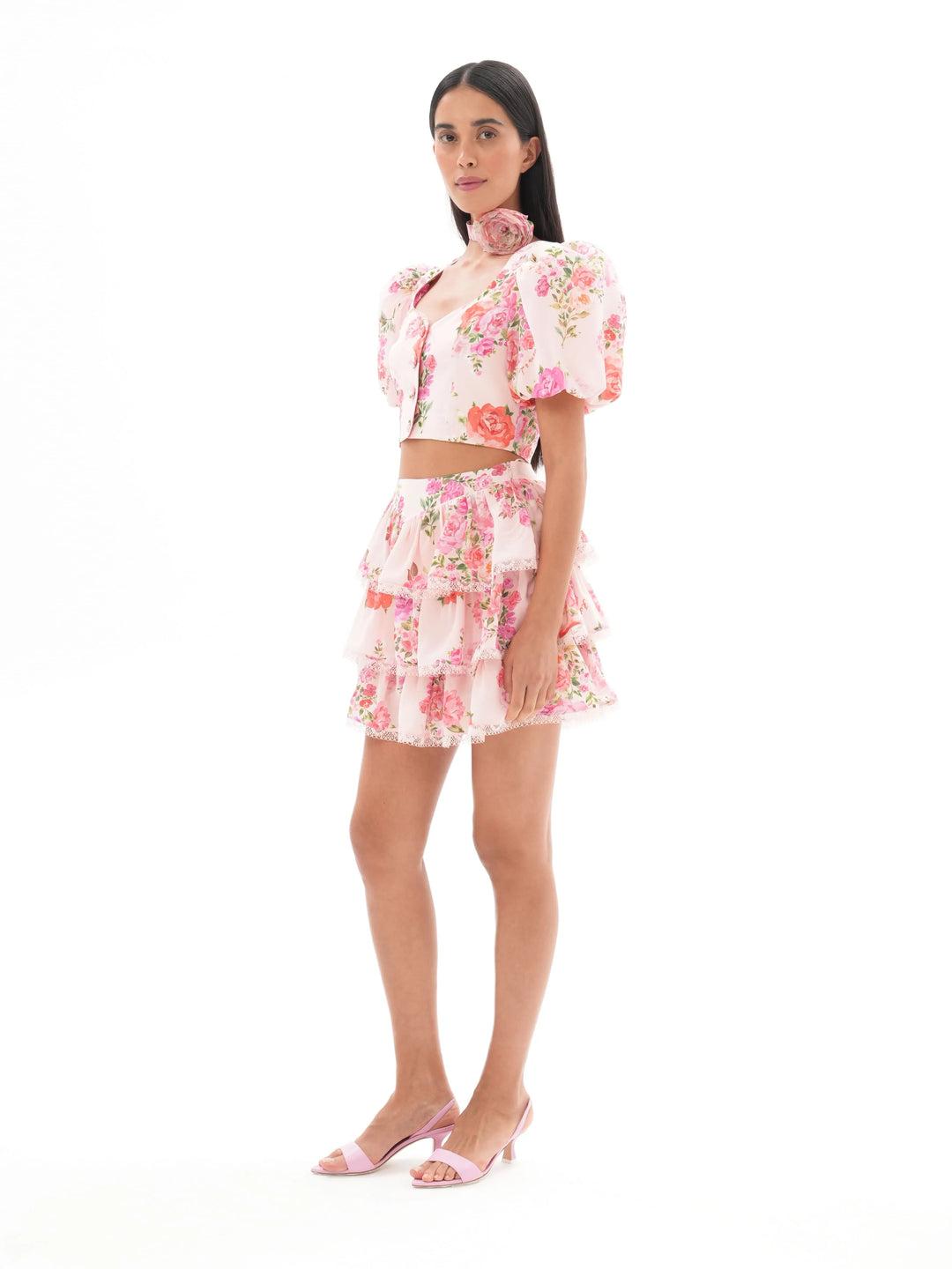 BETTY, MINI SKIRT WITH RUFFLES, BABY PINK WITH MEDIUM PINK FLOWERS