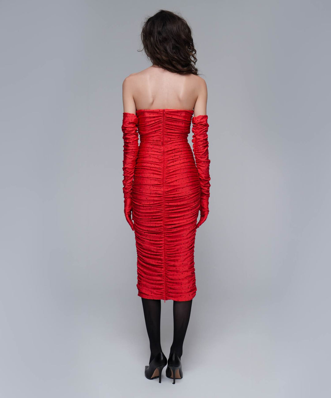 NICOLE, MIDI DRESS MADE OF RED BIFLEX WITH RHINESTONES AND A ROSE