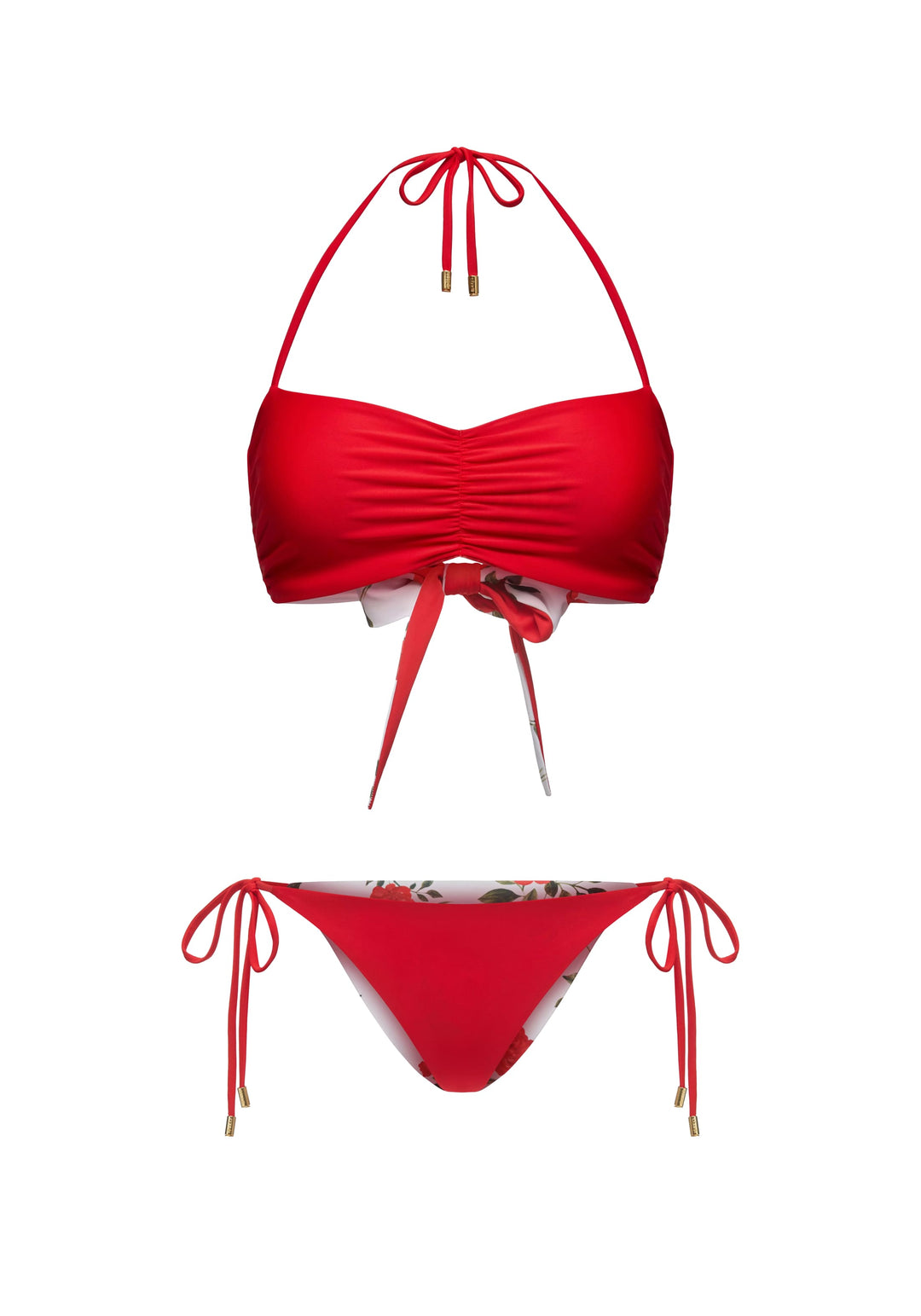 ROSEMARY, REVERSIBLE SWIMSUIT: BANDEAU TOP WITH A ROSE AND TIE-SIDE BIKINI BOTTOMS, MILKY WHITE WITH MEDIUM RED FLOWERS / RED