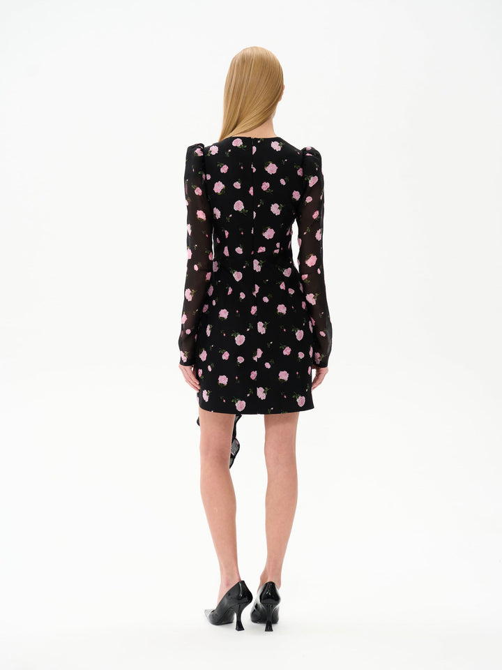 MILIANA, MINI DRESS BLACK WITH PINK ROSE PRINT