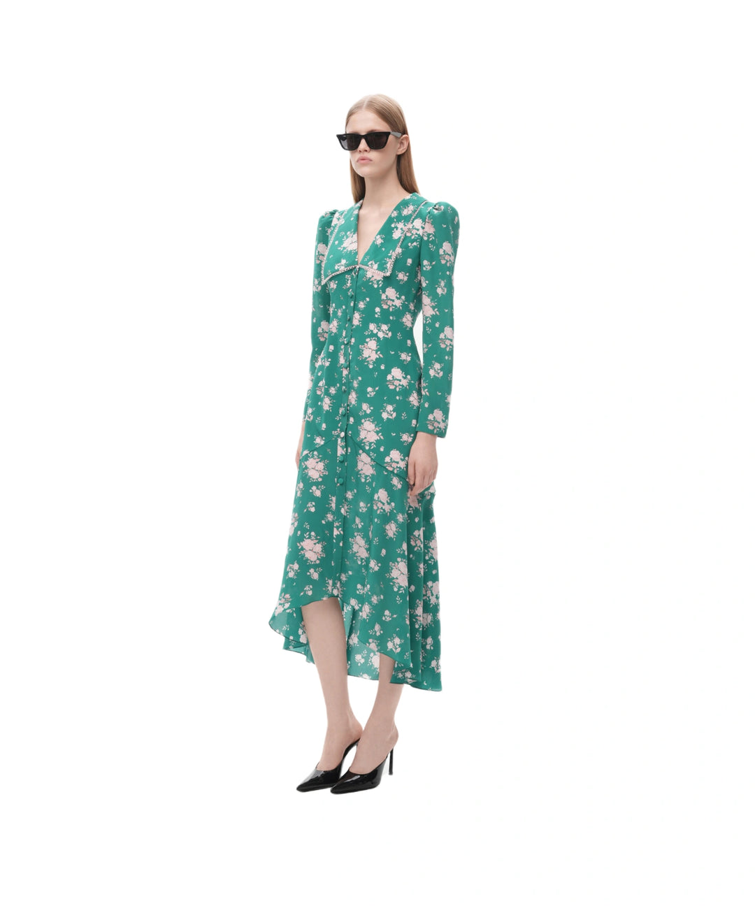 AUDRICE, GREEN CREPE DE CHINE MIDI DRESS WITH MEDIUM LIGHT PINK FLOWERS