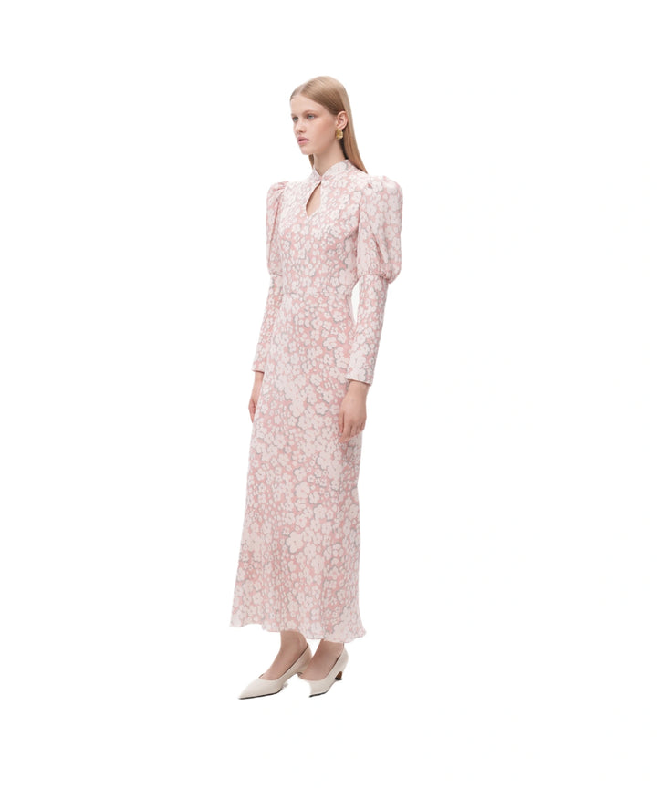 GIANNETTA, PINK CREPE DE CHINE MIDI DRESS WITH MEDIUM MILKY FLOWERS