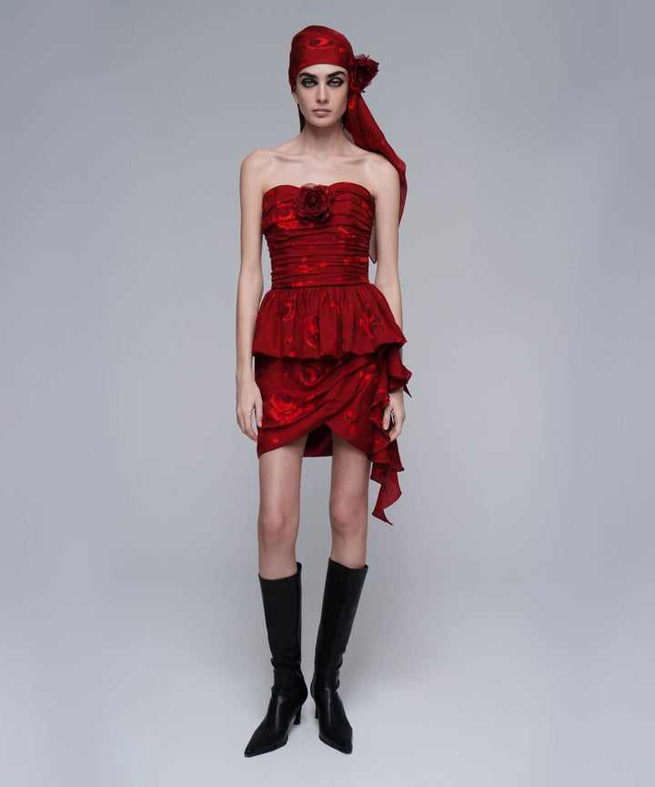 ROSALIE, CORSET TOP MADE OF BURGUNDY CHIFFON WITH RED FLOWERS