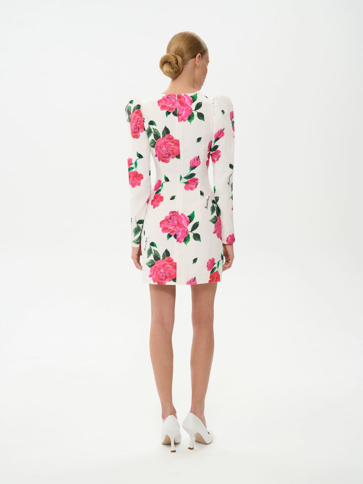 DIFINA, MINI DRESS MILKY WITH CRIMSON ROSE PRINT