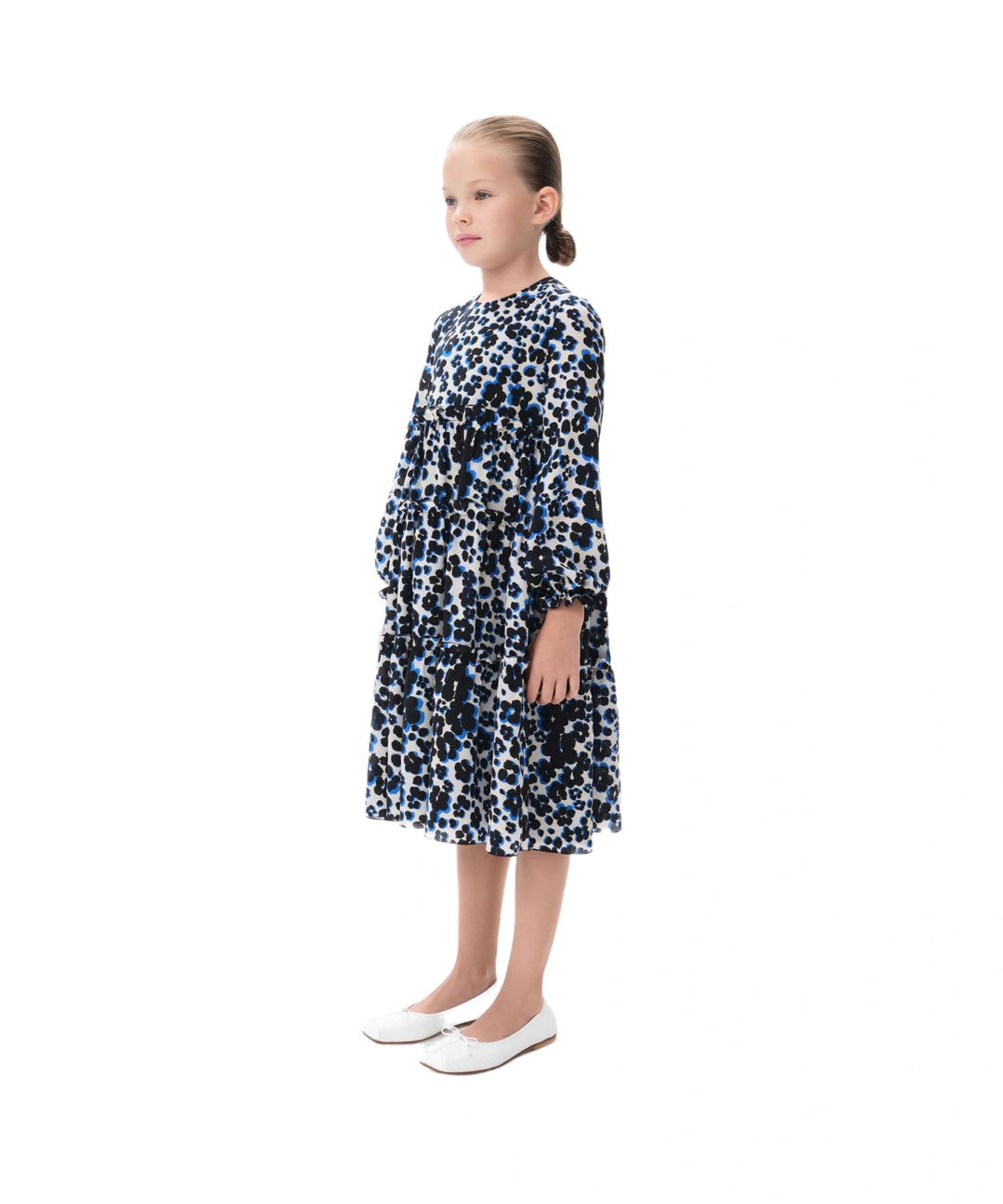 ALISA, CHILDREN DRESS MILKY CREPE DE CHINE WITH MEDIUM BLACK FLOWERS