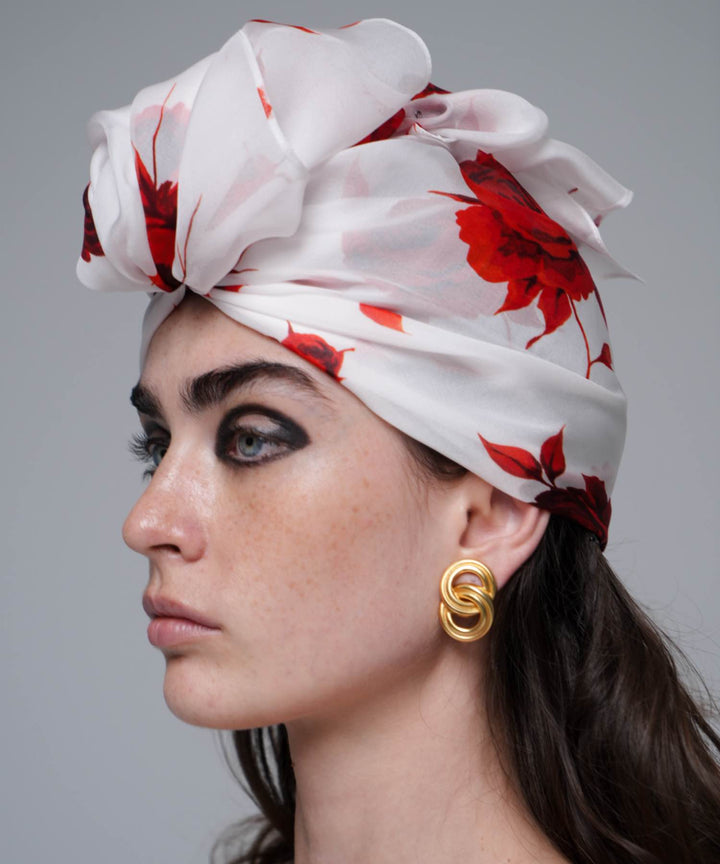 LETICIA, HEADSCARF MADE OF IVORY CHIFFON WITH RED FLOWERS