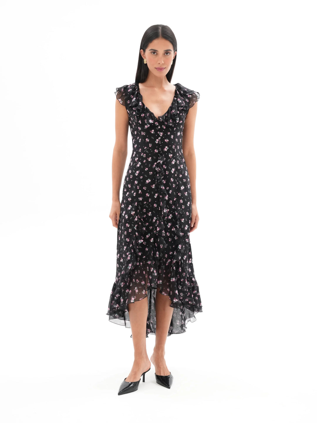 ANNETE, A SLEEVELESS MIDI DRESS WITH RUFFLES, IN BLACK ADORNED WITH DELICATE RASPBERRY FLOWERS