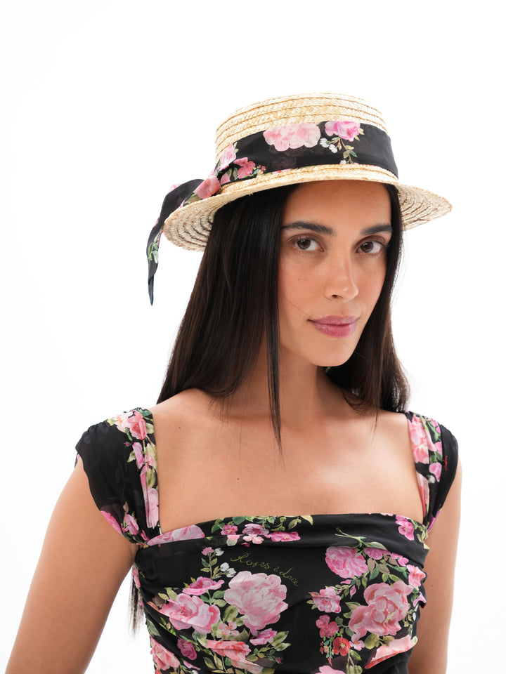 LUANA, BLACK RIBBON WITH MEDIUM PINK FLOWERS