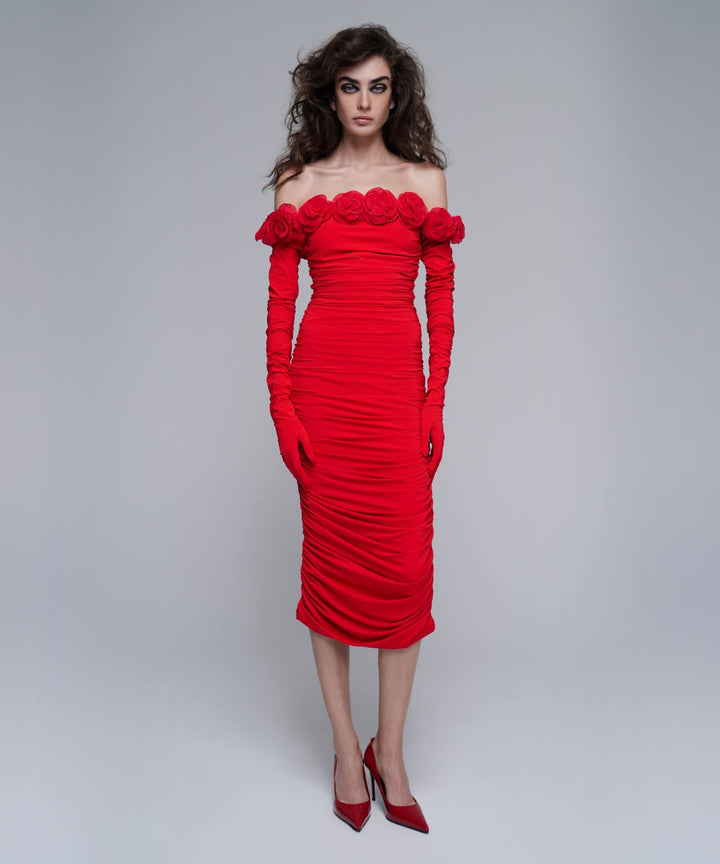 FLORENCE, MIDI DRESS MADE OF RED BIFLEX