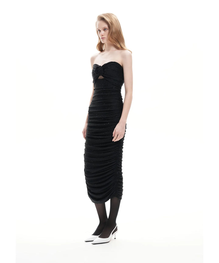 NICOLE, BLACK BIFLEX MIDI DRESS WITH RHINESTONES AND ROSE