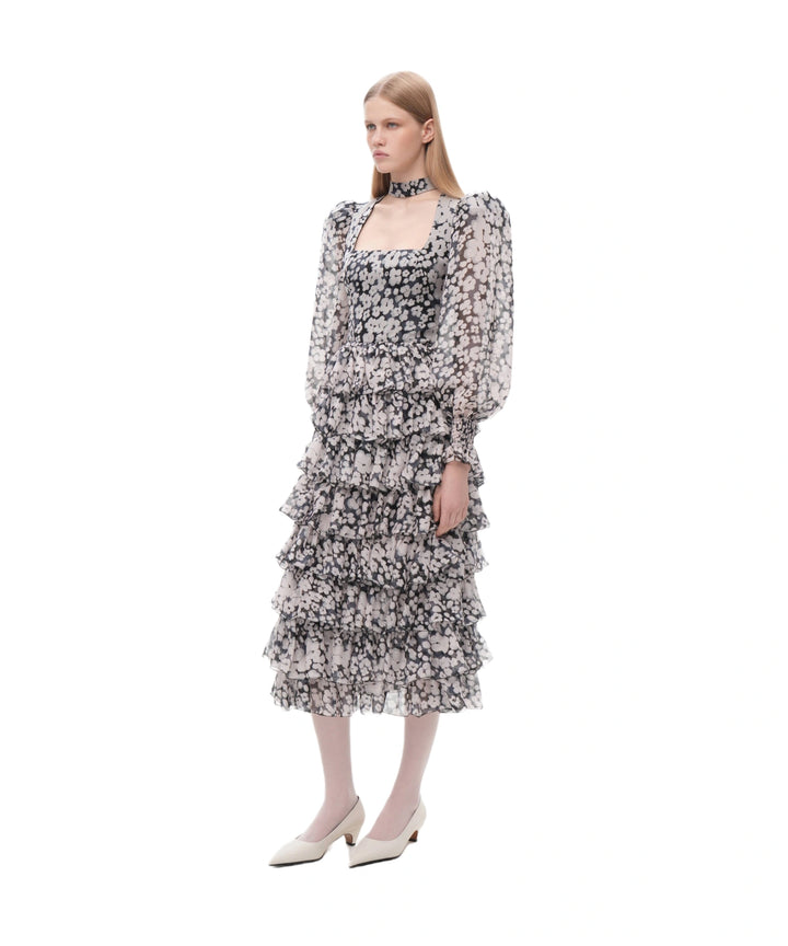 VALERIE MIDI, BLACK CHIFFON MIDI DRESS WITH MEDIUM MILKY FLOWERS