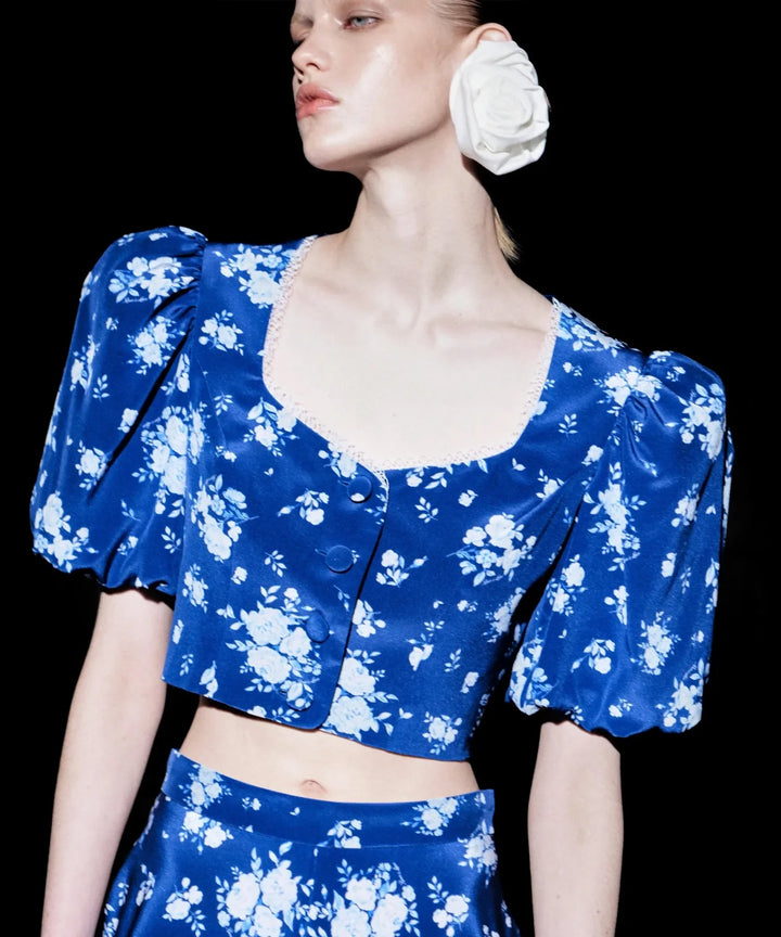 Chanelle, cropped jacket with puff sleeves, blue with medium blue flowers