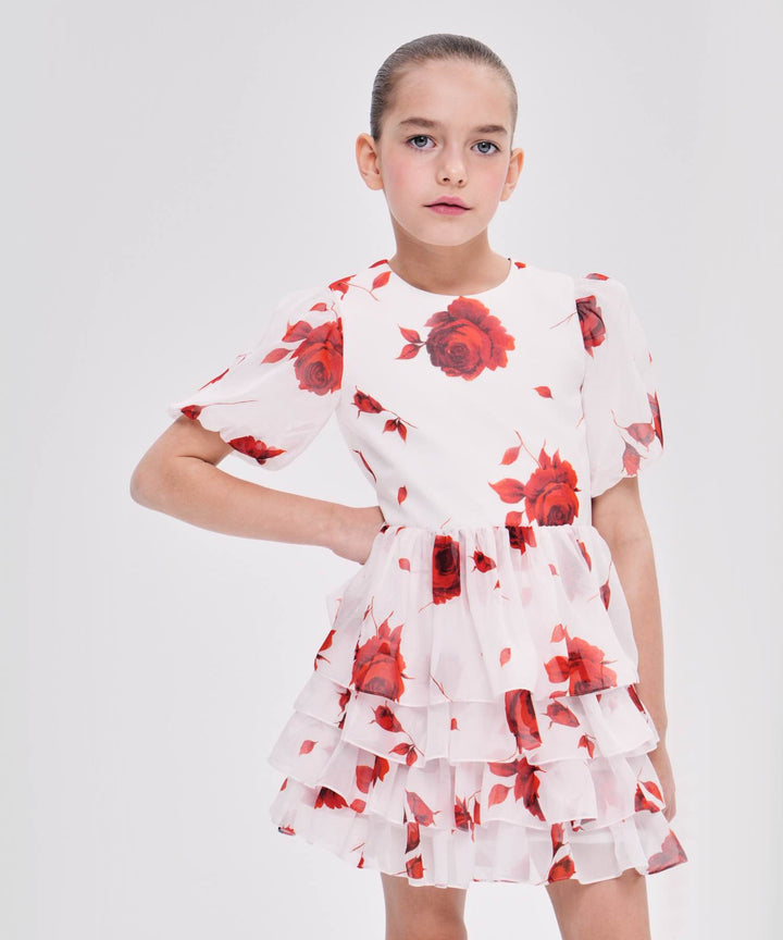 FIFI, CHILDREN'S DRESS MADE OF IVORY CHIFFON WITH RED FLOWERS