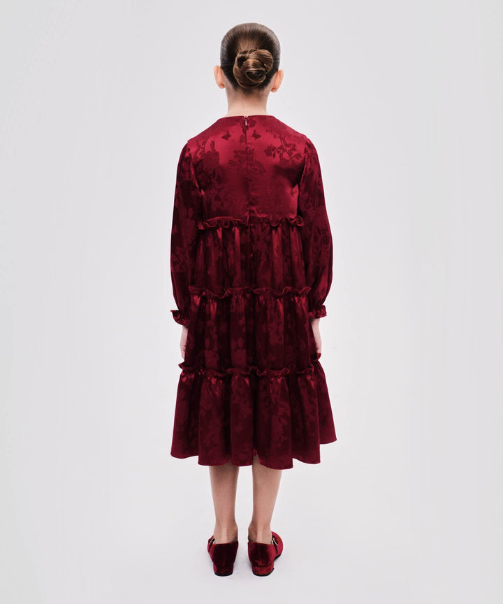 ALISA, CHILDREN'S DRESS MADE OF RED JACQUARD WITH FLOWERS