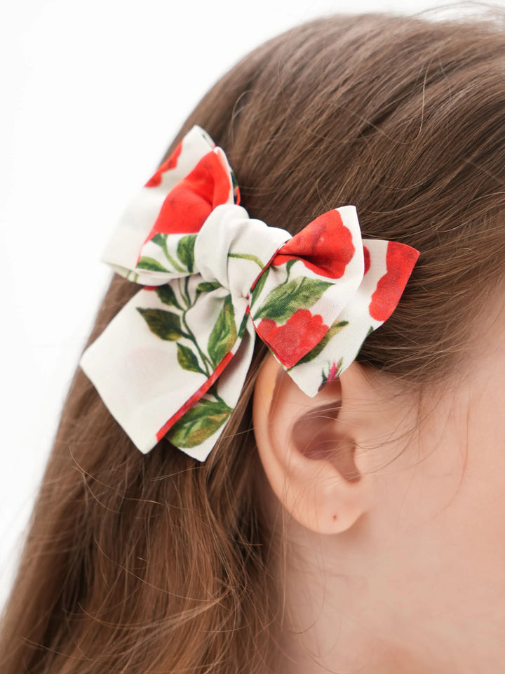 MIMI, CHILDREN'S BOW HAIR CLIPS MILKY WHITE PINK WITH MEDIUM RED FLOWERS