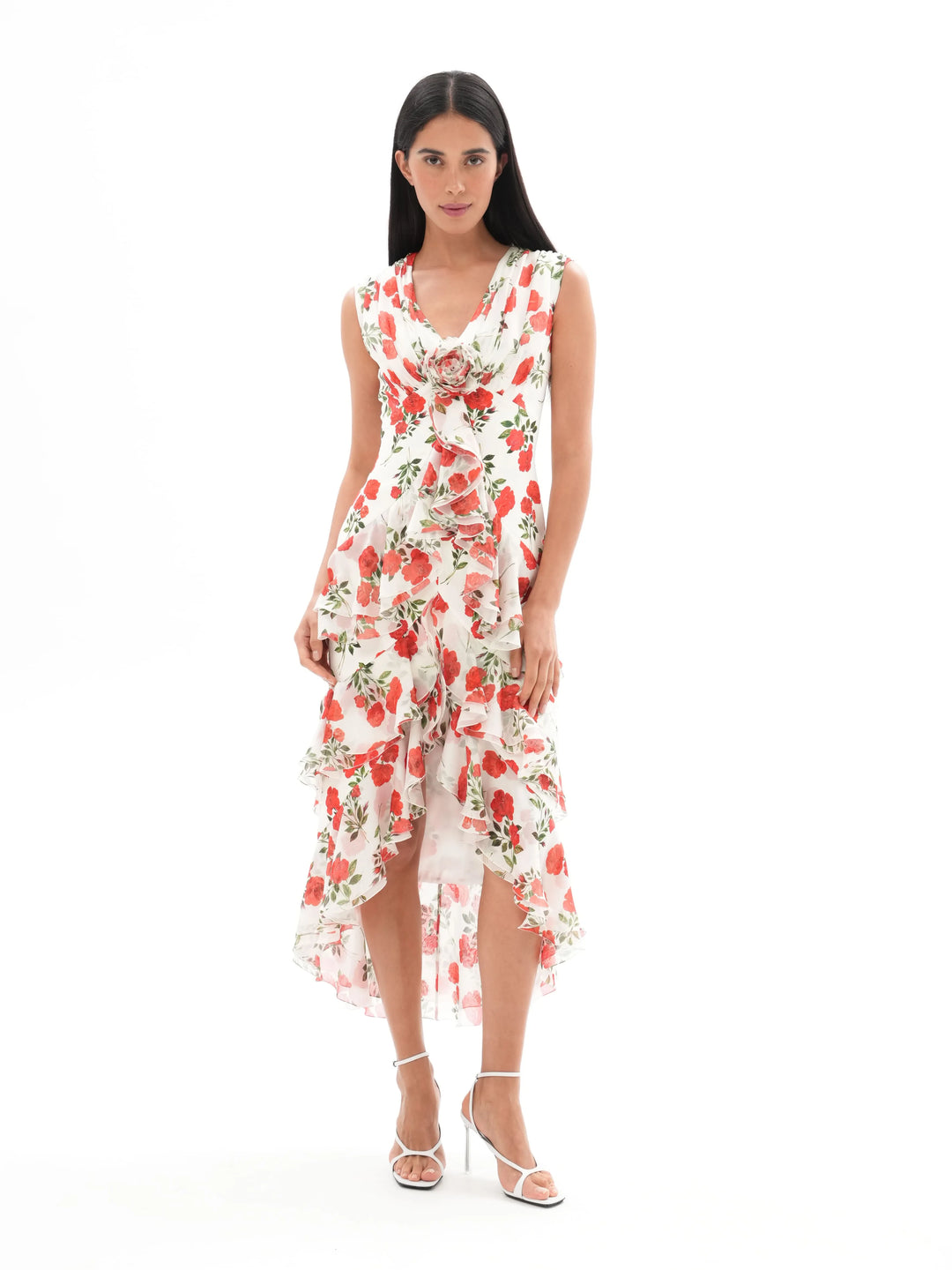 BEATA, A MIDI DRESS IN A CREAMY MILK   WITH DELICATE CRIMSON BLOSSOMS