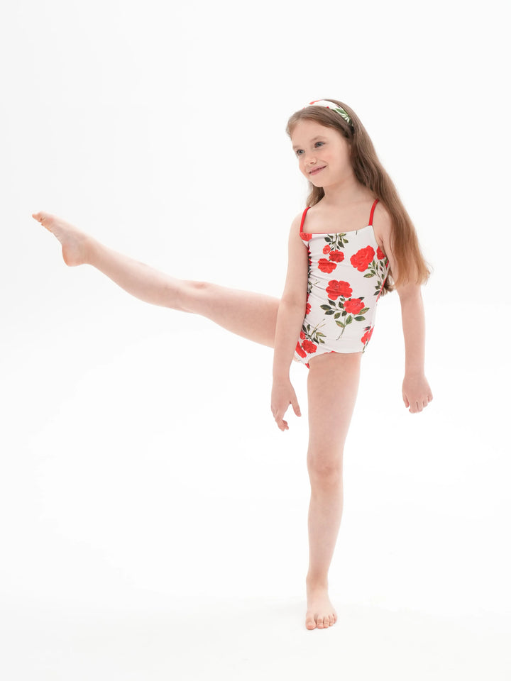 LETTA, REVERSIBLE ONE-PIECE CHILDREN'S SWIMSUIT, MILKY WHITE WITH MEDIUM RED FLOWERS / RED