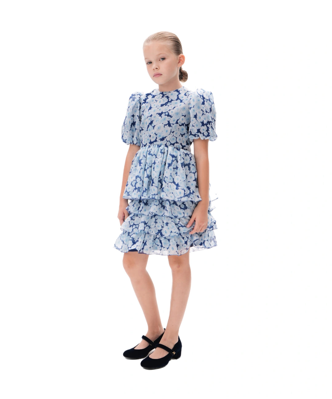 FIFI, CHILDREN DRESS BLUE CHIFFON WITH MEDIUM LIGHT BLUE FLOWERS