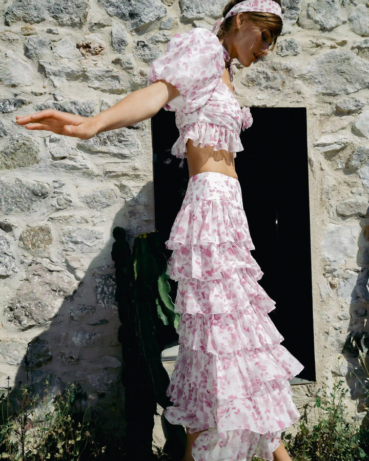 Carmelita, midi skirt with ruffles made of ivory chiffon with medium light pink flowers