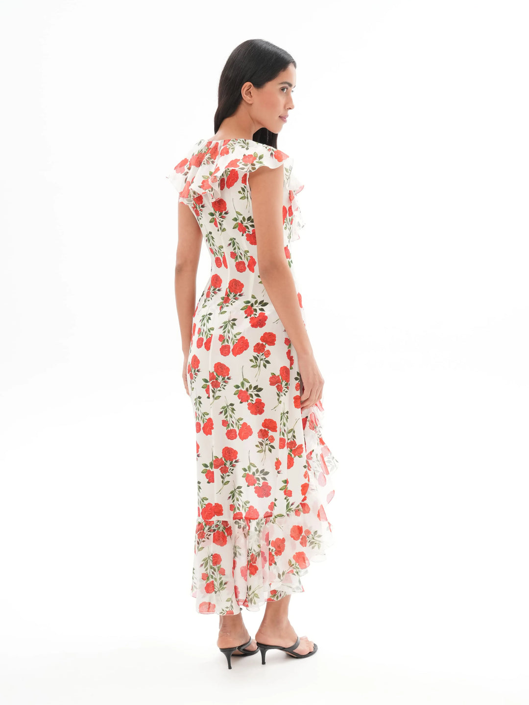 ANNA, A SILK BEACH MIDI DRESS WITH RUFFLES, IN CREAMY WHITE ADORNED WITH DELICATE RED FLOWERS