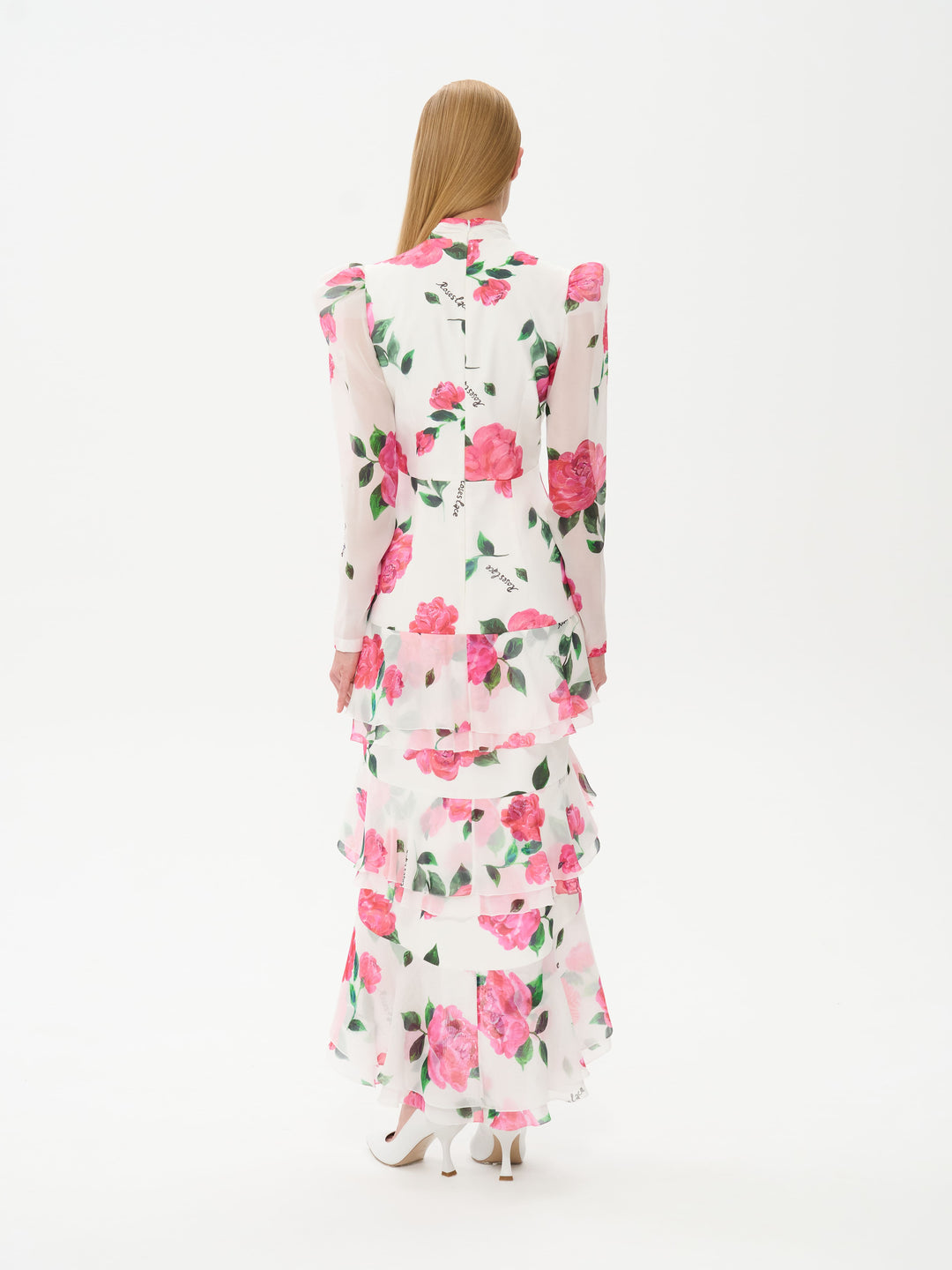 BEATRICE, MIDI DRESS MILKY WITH CRIMSON ROSE PRINT