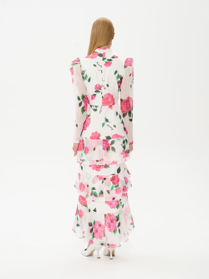 BEATRICE, MIDI DRESS MILKY WITH CRIMSON ROSE PRINT