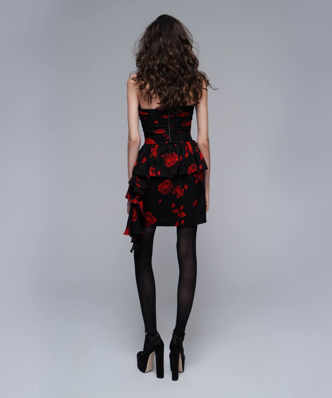 ROSALIE, CORSET TOP MADE OF BLACK CHIFFON WITH RED FLOWERS