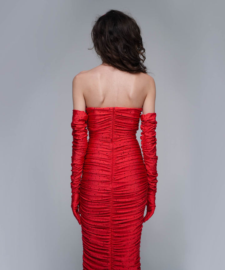 NICOLE, MIDI DRESS MADE OF RED BIFLEX WITH RHINESTONES AND A ROSE