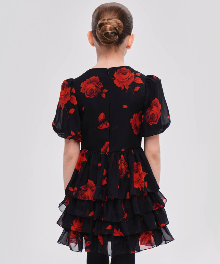 FIFI, CHILDREN'S DRESS MADE OF BLACK CHIFFON WITH RED FLOWERS