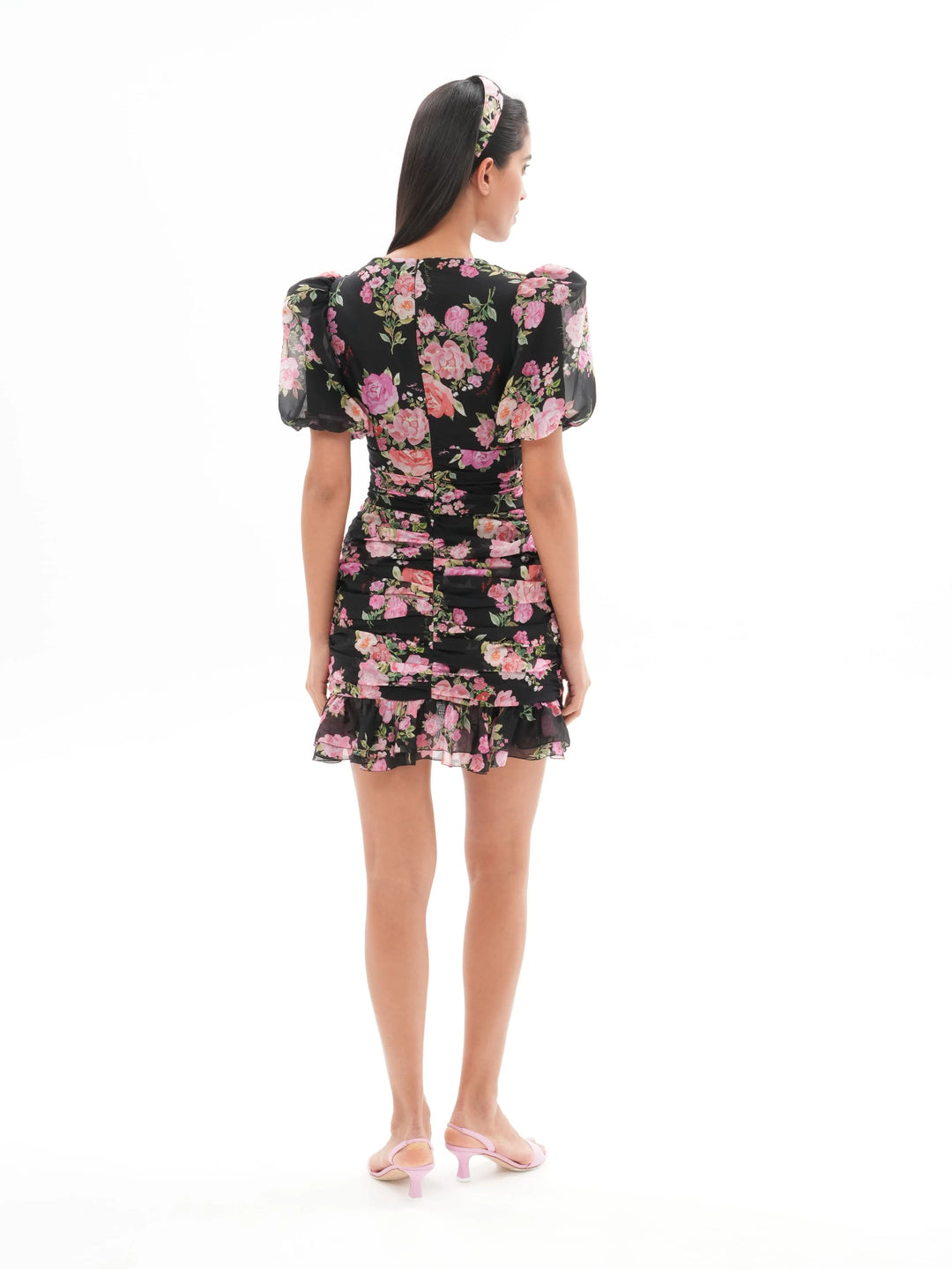 JOSEPHINE SHORT SLEEVE MINI DRESS IN BLACK WITH MEDIUM PINK FLOWERS ROSES AND LACE