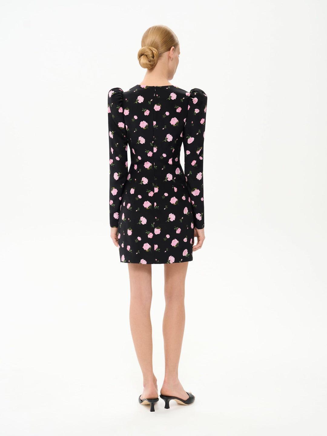 DIFINA, MINI DRESS BLACK WITH PINK ROSE PRINT