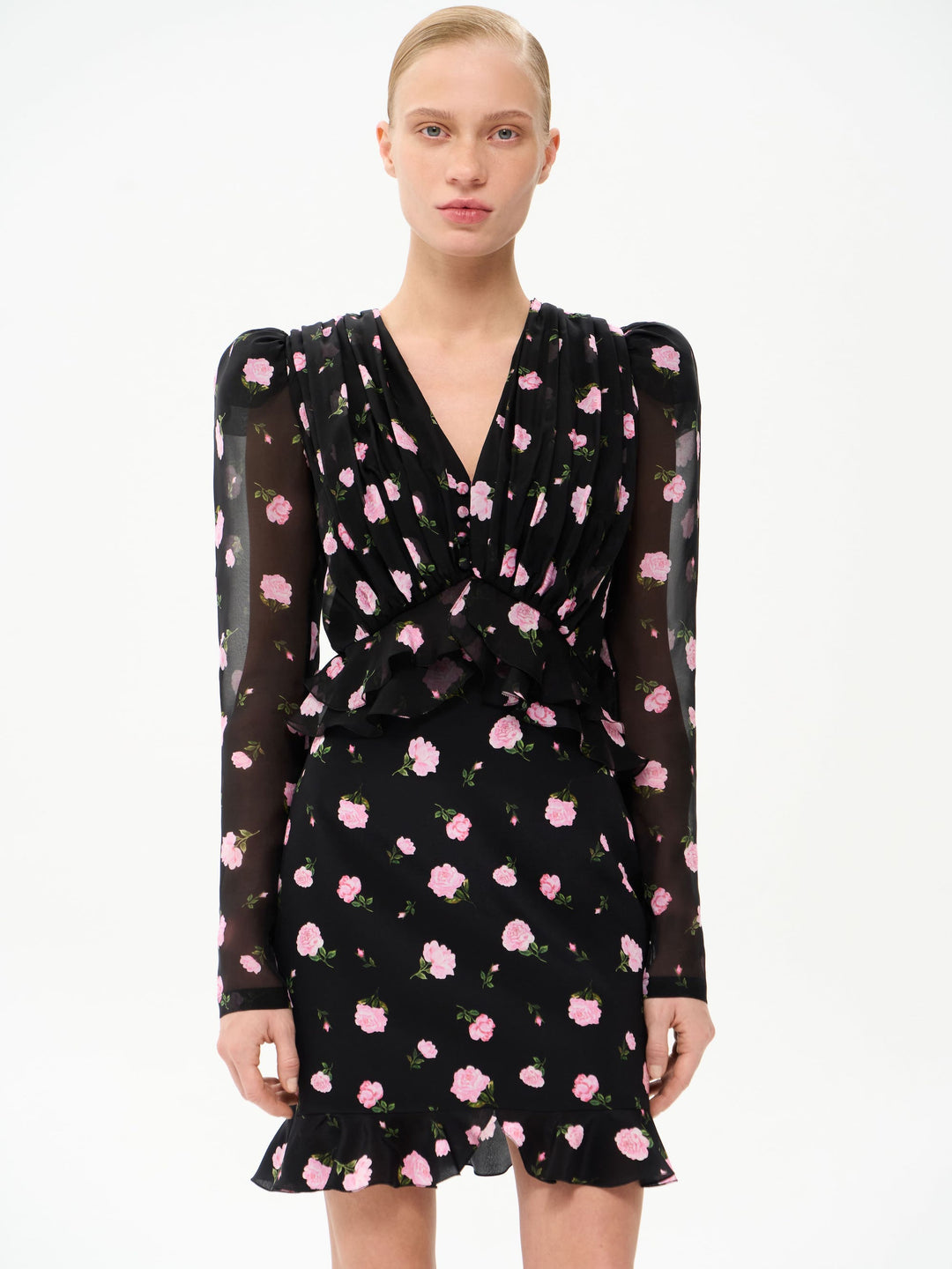 CAROLINA, BLOUSE BLACK WITH PINK ROSE PRINT