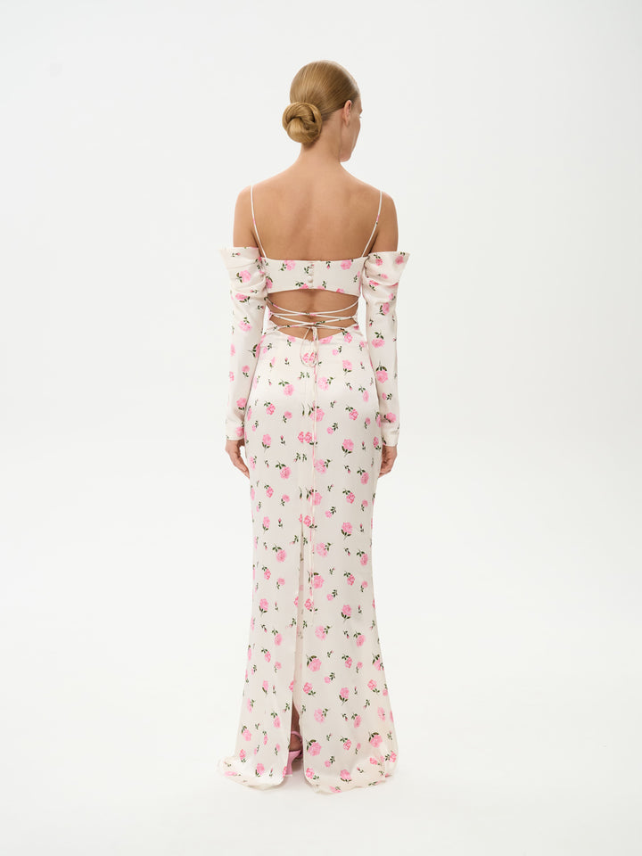 MARLEN, MAXI DRESS MILKY WITH PINK ROSE PRINT