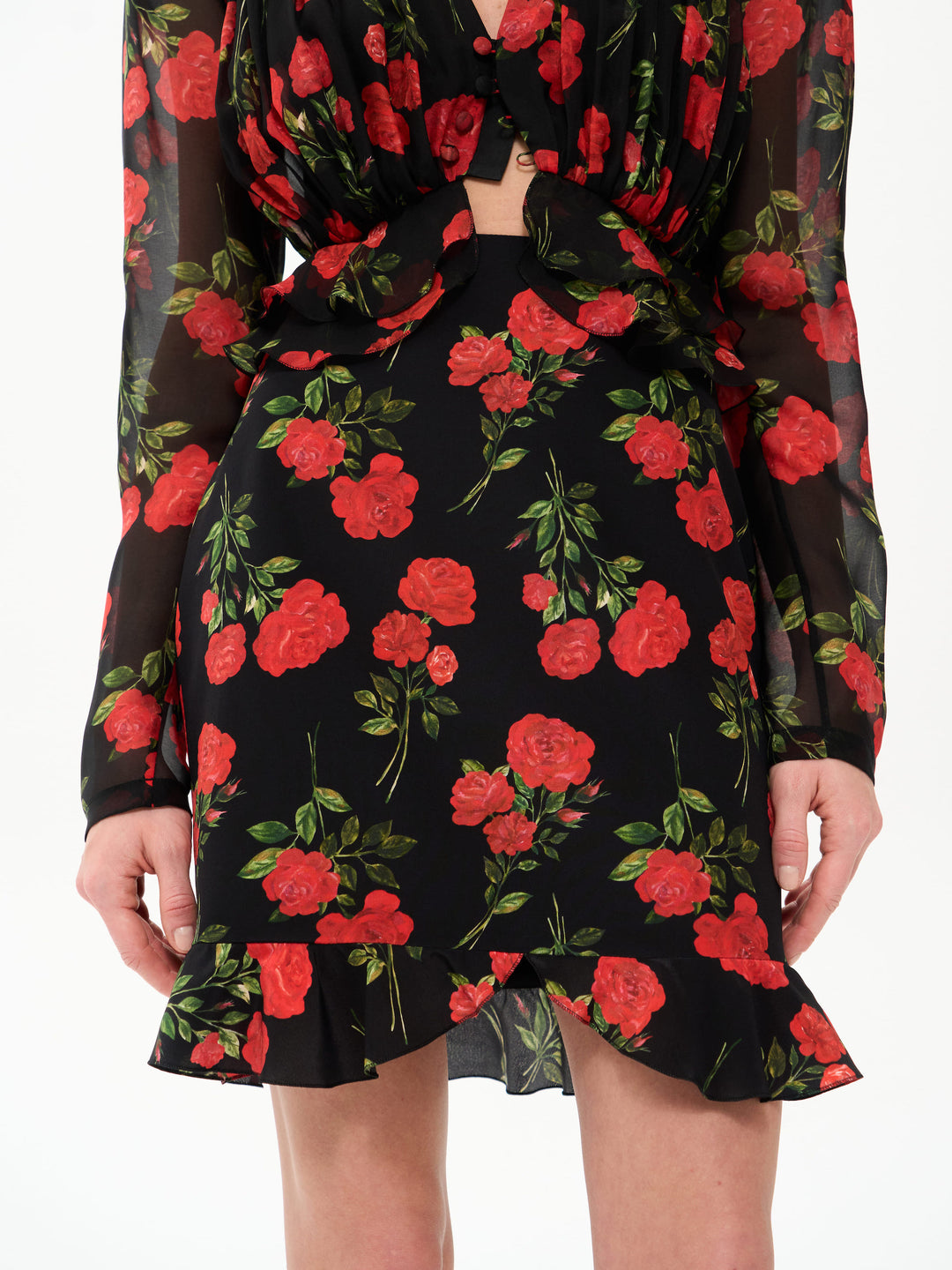 MONA, MINI SKIRT BLACK WITH RED ROSE PRINT