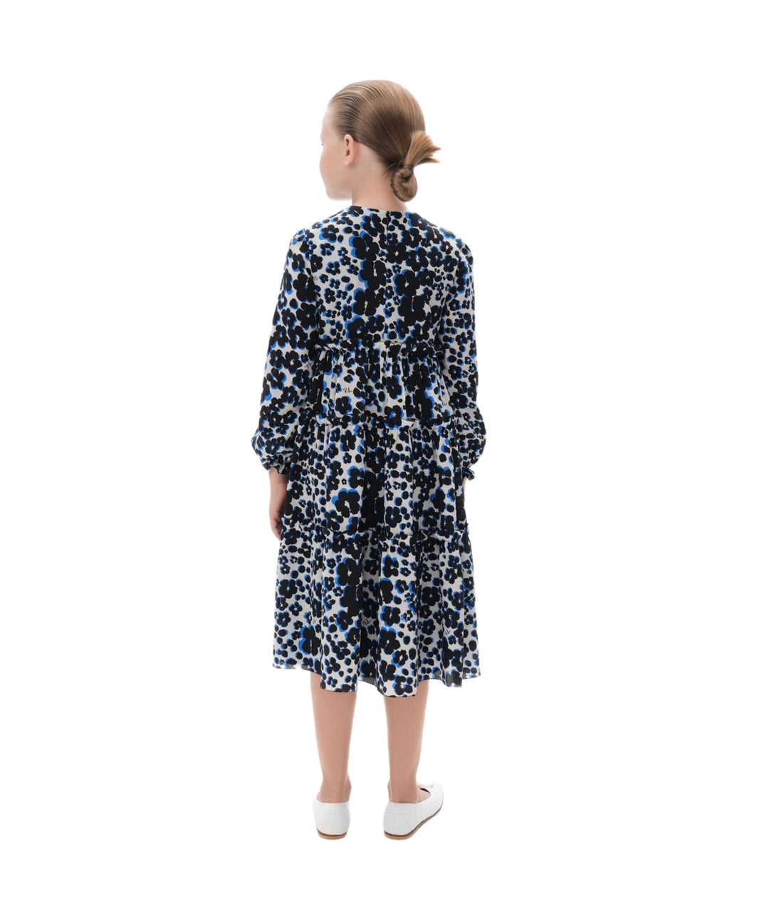 ALISA, CHILDREN DRESS MILKY CREPE DE CHINE WITH MEDIUM BLACK FLOWERS