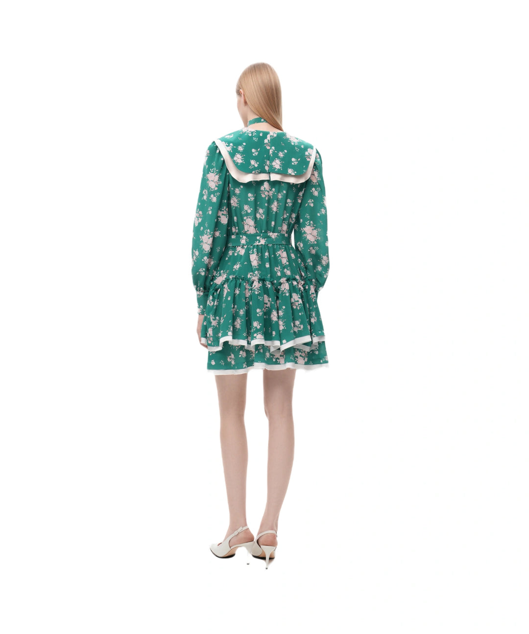 AUSTRA, GREEN CREPE DE CHINE MINI DRESS WITH MEDIUM LIGHT PINK FLOWERS